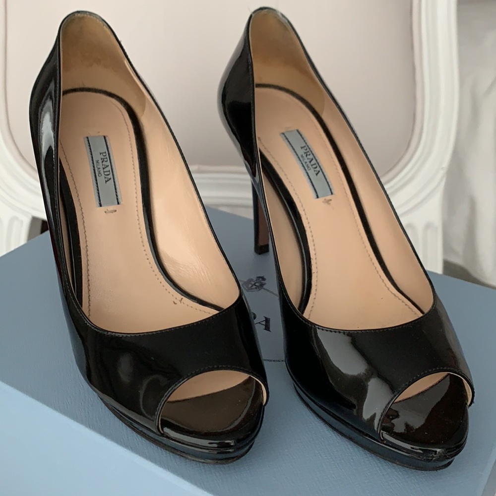 Auth Prada Patent peep toe heels Black US7 EU37
